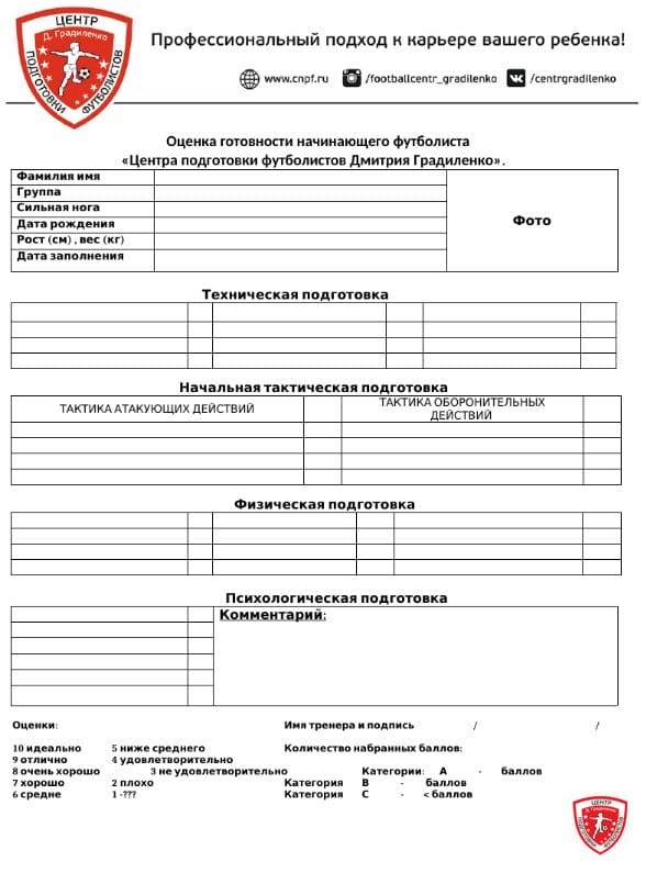 В «Центре начальной подготовки футболистов Дмитрия Градиленко» вводится отчет готовности юного футболиста